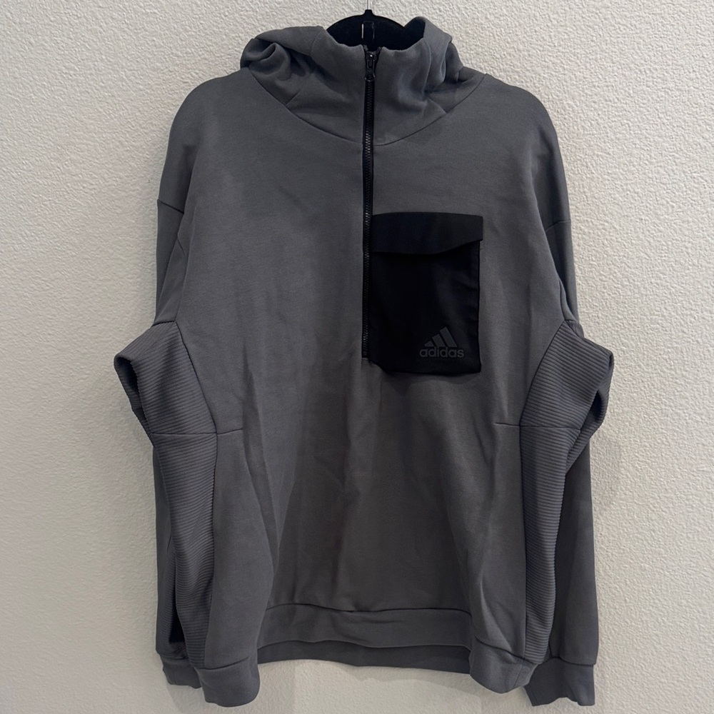 adidas Gray Pullover Half-Zip Hoodie with Black Pocket